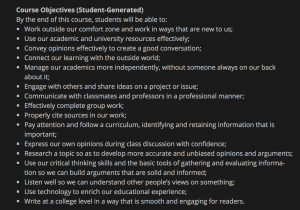 FYS Student-Generated Course Objectives
