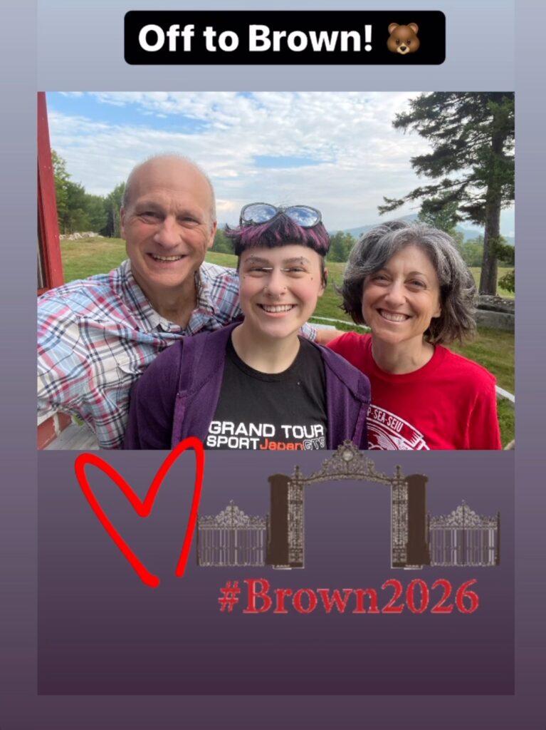 two smiling parents and a smiling kid with caption "Off to Brown" and "Brown 2026"
